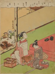 Oiran kouřící dýmku a její podřimující služebná