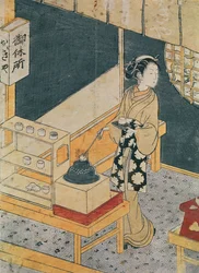 Servant Making Tea (barevný dřevořez)