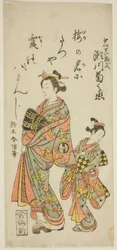 Herec Segawa Kikunojo II jako kurtizána Umegae ve hře „Hiragana Seisuiki“, která vystoupila v divadle Ichimura v prvním měsíci roku 1764.