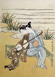 Šamisen: pár hrající šamisen (nebo samisen: loutna s dlouhým rukávem se třemi strunami) – od Harunoboua, v „Japan artistique““, červenec 1890