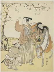 Mladý samuraj si prohlíží třešňové květy jako Mitate prince Kaoru, c. 1767