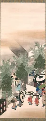 Yoshiwara a Shinagawa, období Edo (inkoust, barva a zlato na hedvábí)