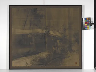 Tanuki Under A Bridge (inkoust na hedvábí s trochou pomeranče, zlata a stříbra)