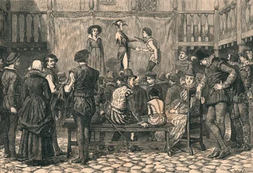 Hra v London Inn Yard, V době královny Alžběty, c1873.