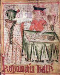 Interiér obchodu, z Národních zákoníků Magnuse Erikssona (1319-64), kolem roku 1450