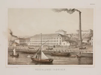 „Rosenlunds Fabriker“ (Rosenlunds Factory), Rosenlunds, Stockholm, Švédsko, kolem roku 1840 (barevné lito)