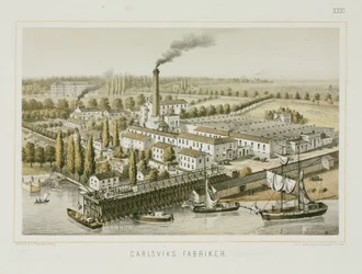 Textilní továrna, Carlsviks, Stockholm, Švédsko, kolem roku 1840 (barevné lito)
