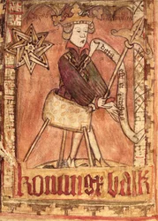 Král vykonávající spravedlnost, z Národních zákoníků Magnuse Erikssona (1319-64), kolem roku 1450