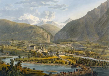 Brig na Rhôně, Bernské Alpy, Švýcarsko, z knihy Voyage Pittoresque de Geneve a Milan, 1819