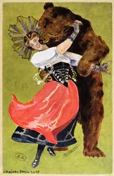 Pohlednice z Bernu zobrazující ženu a medvěda, kolem roku 1900