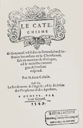 Titulní strana Katechismu Jana Kalvína, vydaného v Ženevě, 1549