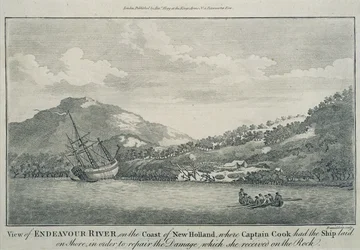 Kapitán Cook, který ztroskotal na své cestě kolem světa, nechal opravit Endeavour v přístavu na jednom z Hope Islands, kolem roku 1786 (rytina)