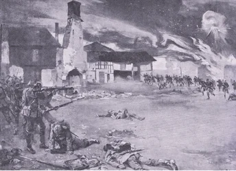 Pouliční boje na francouzsko-německé hranici: Francouzský útok na pruskou gardu, z History of the Great War Vol 3 vydané nakladatelstvím Waverley Book Co Limited, kolem roku 1920