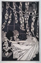 Erotika: Giacomo Casanova (1725-1798) zvedá prostěradla, aby rozjímal o své nahé milence, začátek 20. století (lept)