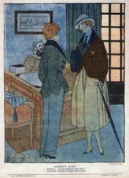 Ilustrace scény divadelního kusu „“ Elles tyrera““ od Andre Birabeaua (1890-1974) a Marcela Hervieu v „“La baionnette“““ číslo 124 z 15. listopadu