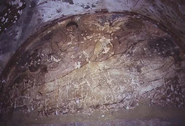 Freska zobrazující anděla nad dvěma postavami ležícími na zemi, z Apodyteria, začátek 8. století (freska)