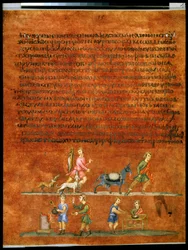 Celá strana: text a miniatura: Ezau se vrací z lovu (miniatura)