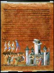 Celá strana: text a miniatura: Izák a Rebeka s filištínským králem Abimelechem v Geraru (miniatura)