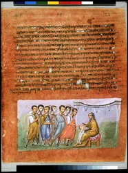 Celá strana: text a miniatura: Jákob posílá své syny opět do Egypta (miniatura)