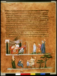 Celá strana: text a miniatura: Josef pokoušený Potifarovou ženou (miniatura)