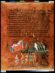 Celá strana: text a miniatura: Josefův sen o snopech pšenice (miniatura)