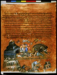 Celá strana: text a miniatura: Noe opouští oblouk (miniatura na pergamenu)