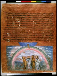 Celá strana: text a miniatura: Noemova smlouva, symbolizovaná duhou (miniatura na pergamenu)