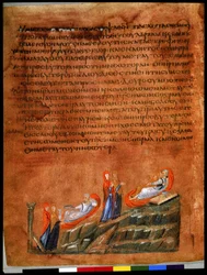 Celá strana: text a miniatura: Hřích Lotových dcer (miniatura na pergamenu)