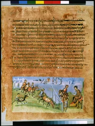 Celá strana: text a miniatura: druhá cesta Josefových bratrů do Egypta (miniatura)