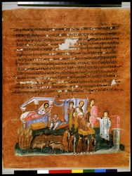 Celá strana: text a miniatura: faraon vypráví Josefovi své sny o obilných klasech a kravách (miniatura)