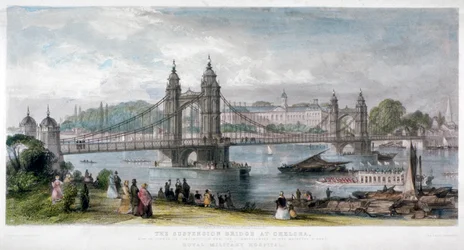 Pohled na visutý most v Chelsea, Londýn, 1852.