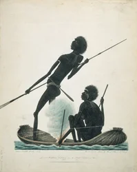 Domorodci lovící v kánoi z kůry, 1819