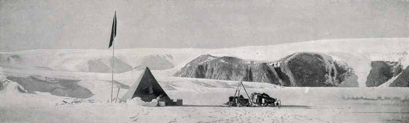 Couloir Cliffs, Granite Harbour, Showing the Camp off the Piemont Tongue, c1911, 1913