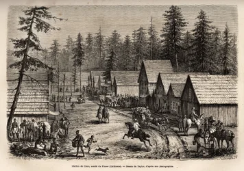 Stanice Cisco, Count of Placer (Nevada), kam lze jet rychlovlakem Pacific Railway (Pacific Railway), vyryto podle Taylorova nákresu, znázorňujícího cestu z Washingtonu do San Francisca v roce 1868, L. Simonin, vyd. v "L