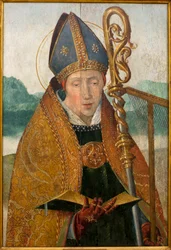 Saint Blaise - Obraz z dílny bratra Carlose (vlámský malíř činný mezi 1517 a 1544), olej na dřevě, cca 1530 (St Blaise, z dílny mnicha Carlose (činný mezi 1517-1544), olej na panelu, cca 1530 ) – Musee d