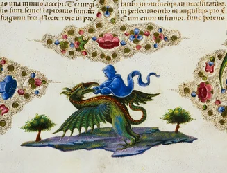 Okrajový vlys na úpatí stránky s postavou génia a okřídleného netvora, svazek II f 198, v, Bible Borso d