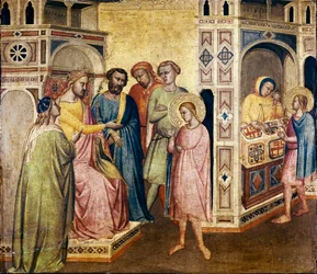 Sv. Eligius před králem Clotharem, kolem roku 1365 (tempera na dřevě)