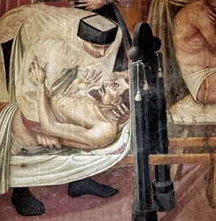 Péče o nemocné v nemocnici, sestra asistuje zraněnému ležícímu na nosítkách““ Detail. Freska od Taddea di Bartolo (1363-1422) Siena ze 14. století, Spedale di Santa Maria della Scala