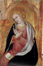 Oltářní obraz Panny Marie Zvěstování od Taddea di Bartolo (začátek 15. století). Ztlumit. 0,77x0,55 m. Avignon, Musee du Petro Palais