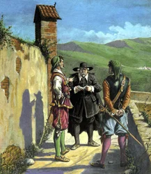 Don Abbondio se setkává s odvážlivci - ilustrace k filmu Milenci od Alessandra Manzoniho, éd. Nerbini, Florencie