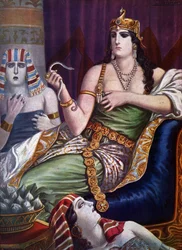 Egyptský starověk: „Smrt Kleopatry“. Egyptská královna Kleopatra VII. Thea Philopator (69-30 př. n. l.) spáchá sebevraždu uštknutím dvěma aspy. Ilustrace Tancrediho Scarpelliho (1866-1937) z „Storia d