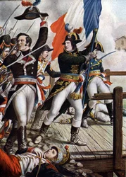 První italské tažení: Napoleon Bonaparte (1769-1821) v bitvě u mostu Arcole, listopad 1796“ (Napoleon Bonaparte během bitvy u mostu Arcole (Arcola), listopad 1796) Ilustrace Tancredi Scarpelli (1866-1937) od „Storia