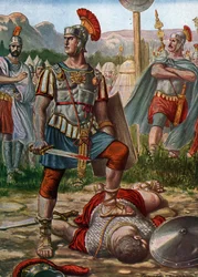 Římský starověk: reprezentace konzula Tita Manlius Imperiosus Torquatus porážejícího Galika v roce 361 př. n. l. - (Titus Manlius Torquatus bojující s galským válečníkem, který napadl římskou armádu a zabil ho, 361 př. n. l.) Ilustrace Tancredi Scarpelli (