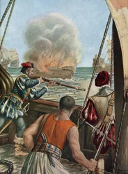 Druhá výprava do Indie (1502-1503) „“ Námořní bitva mezi portugalskou flotilou Vasco de Gama a flotilou Calicut, Portugalci vypálili muslimskou loď Miri nabíjející peleriny vracející se z Mekky, 3. 10. 1502““ (druhá plavba Vasco de Gama (1502-1503)