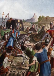 Pohřební průvod císaře Ottona (Othona) III. ze Svaté říše (980-1002) odváží ostatky Itálií směrem k Cáchám bojujícím při průchodu proti vzbouřenému obyvatelstvu (rakev Otty III., císaře Svaté říše římské, procházející davy Itálie