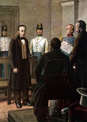 Přečtení věty odsuzující Silvia Pellica (1789 - 1854) a Piera Maroncelliho (1795 - 1846) k uvěznění v pevnosti Spielberg v Brně za jejich příslušnost k hnutí Carbonari (Charbonnerie nebo carboneria)