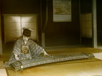 Portrét Japonky hrající na koto kolem roku 1900 - 1915 (fotografie)