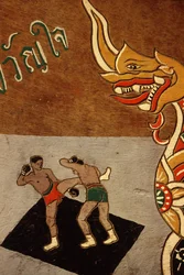 Dekorace na volském povozu s motivem Muay Thai (malba na dřevě)