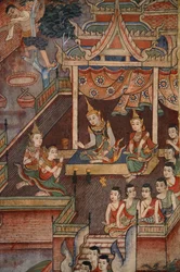 Detail nástěnné malby v lajkamu Viharn v chrámu Wat Phra Singh