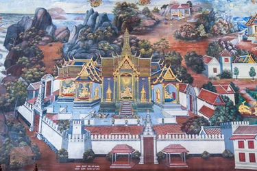 Nástěnná malba zobrazující scény z Rámájany ve Wat Phra Kaeo, královský velký palác, Bangkok, Thajsko